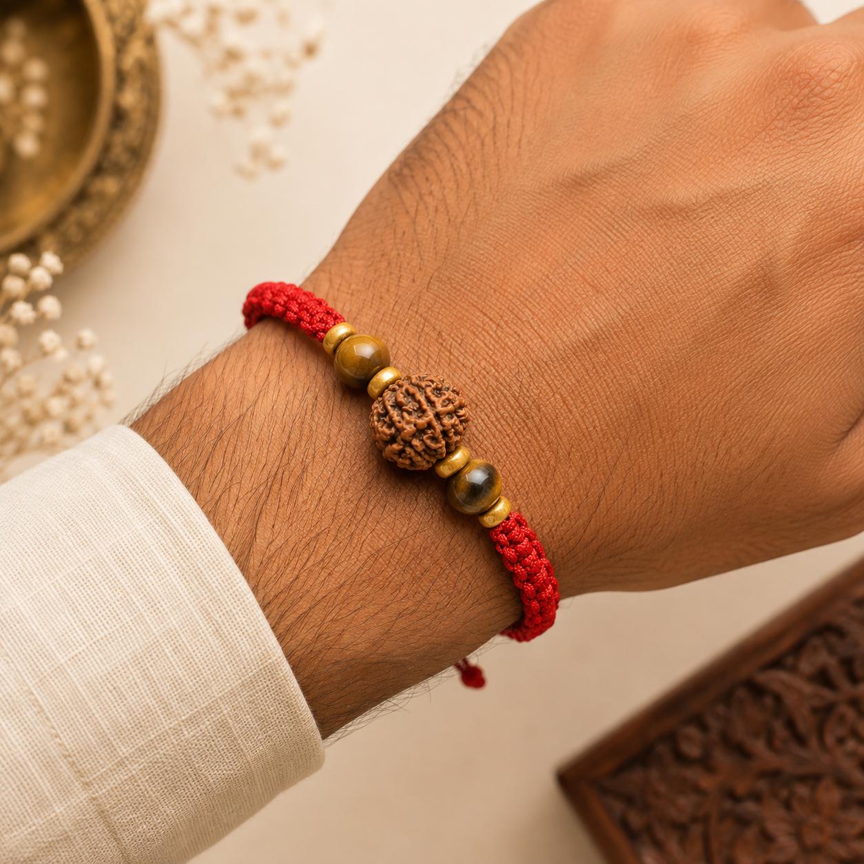 Courage Rakhi 5 Mukhi Rudraksha Tiger Eye | Handcrafted Protection & Confidence Rakhi for Raksha Bandhan