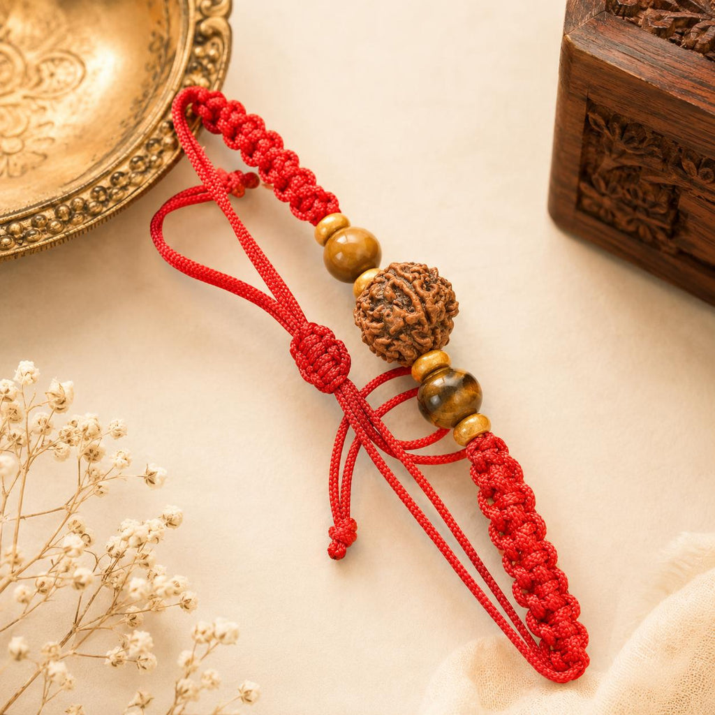 Courage Rakhi 5 Mukhi Rudraksha Tiger Eye | Handcrafted Protection & Confidence Rakhi for Raksha Bandhan