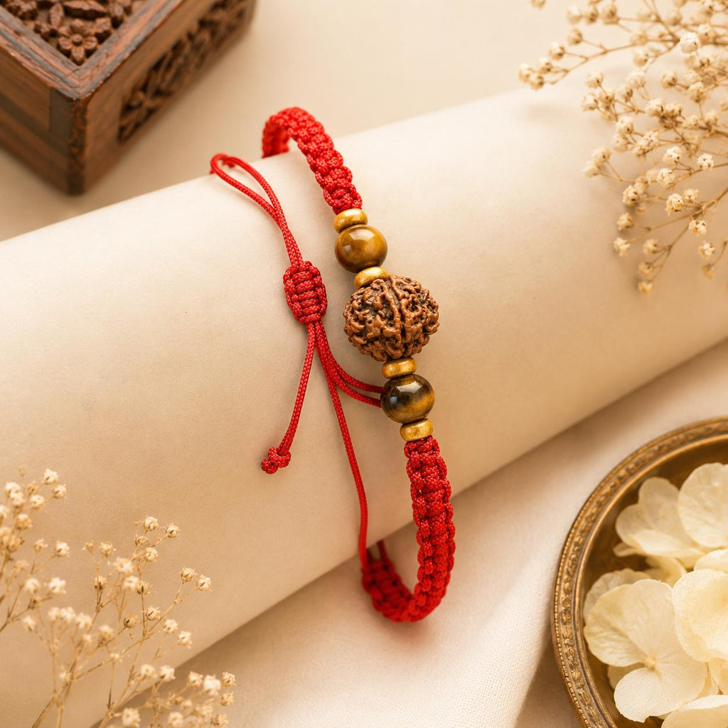 Courage Rakhi 5 Mukhi Rudraksha Tiger Eye | Handcrafted Protection & Confidence Rakhi for Raksha Bandhan