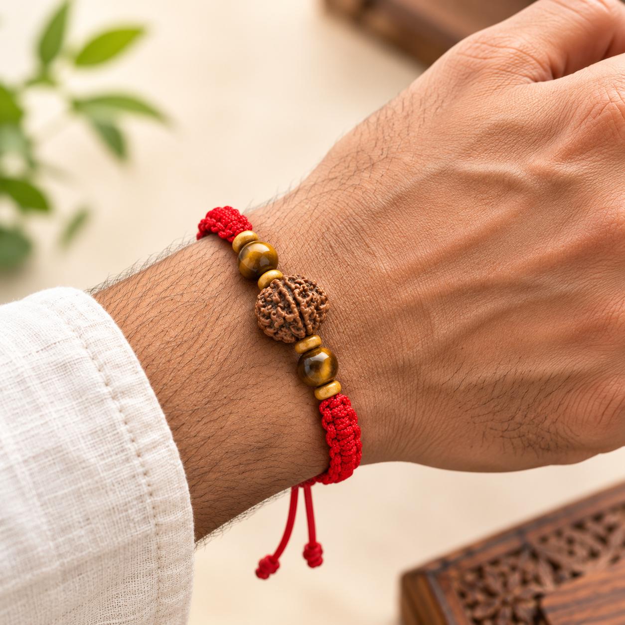 Courage Rakhi 5 Mukhi Rudraksha Tiger Eye | Handcrafted Protection & Confidence Rakhi for Raksha Bandhan