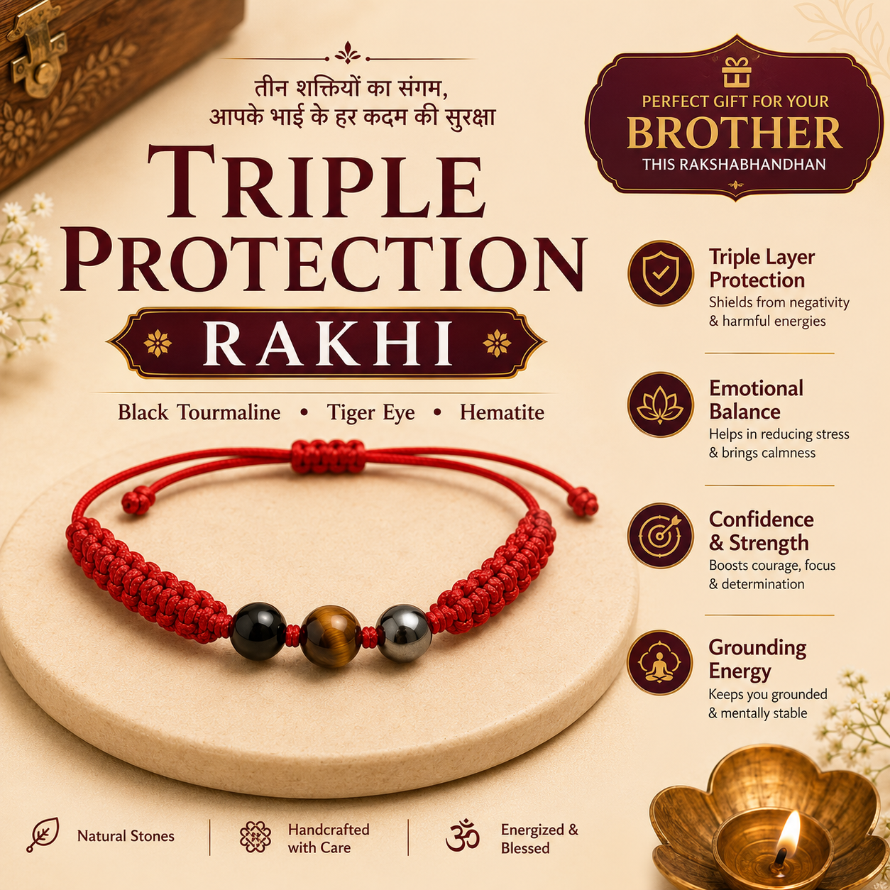 Triple Protection Crystal Rakhi  Tiger Eye, Hematite & Black Tourmaline | Raksha Rakhi