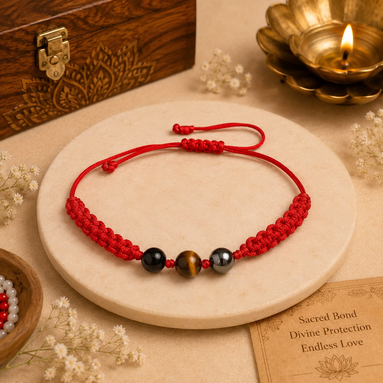 Triple Protection Crystal Rakhi  Tiger Eye, Hematite & Black Tourmaline | Raksha Rakhi