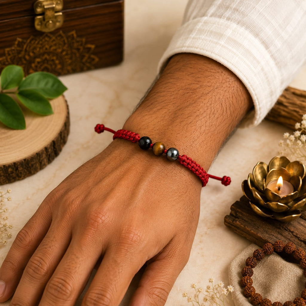 Triple Protection Crystal Rakhi  Tiger Eye, Hematite & Black Tourmaline | Raksha Rakhi