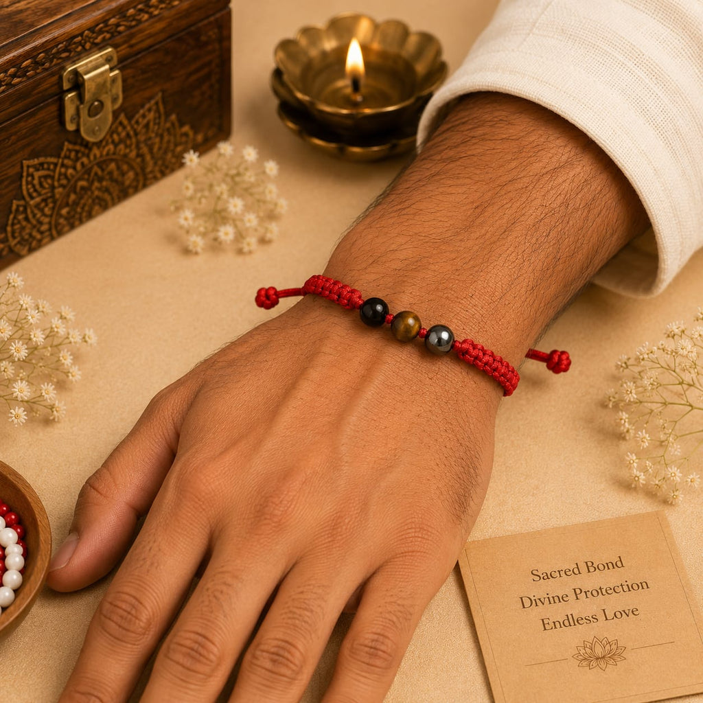 Triple Protection Crystal Rakhi  Tiger Eye, Hematite & Black Tourmaline | Raksha Rakhi