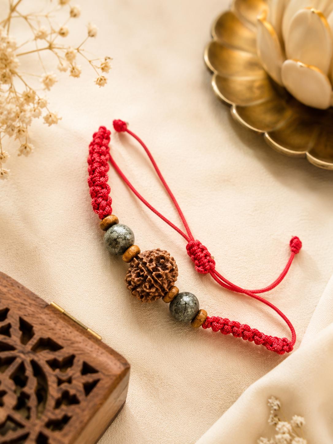Money Magnet Rakhi | 5 Mukhi Rudraksha Pyrite Prosperity Rakhi | Handcrafted Divine Protection Rakhi