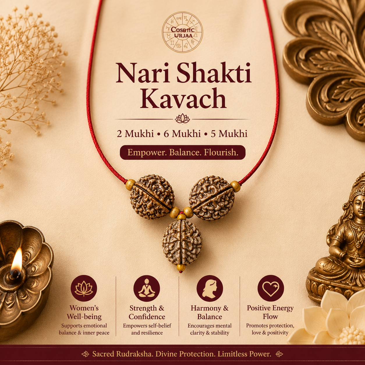 Nari Shakti Kavach with 2 Mukhi 5 Mukhi and 6 Mukhi Nepali Rudraksha