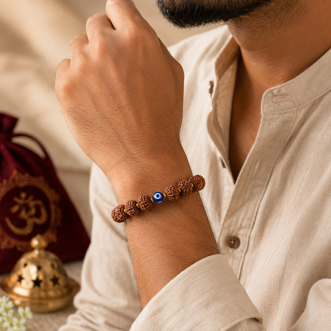 Natural Nepali 5 Mukhi Rudraksha bracelet with Evil Eye bead