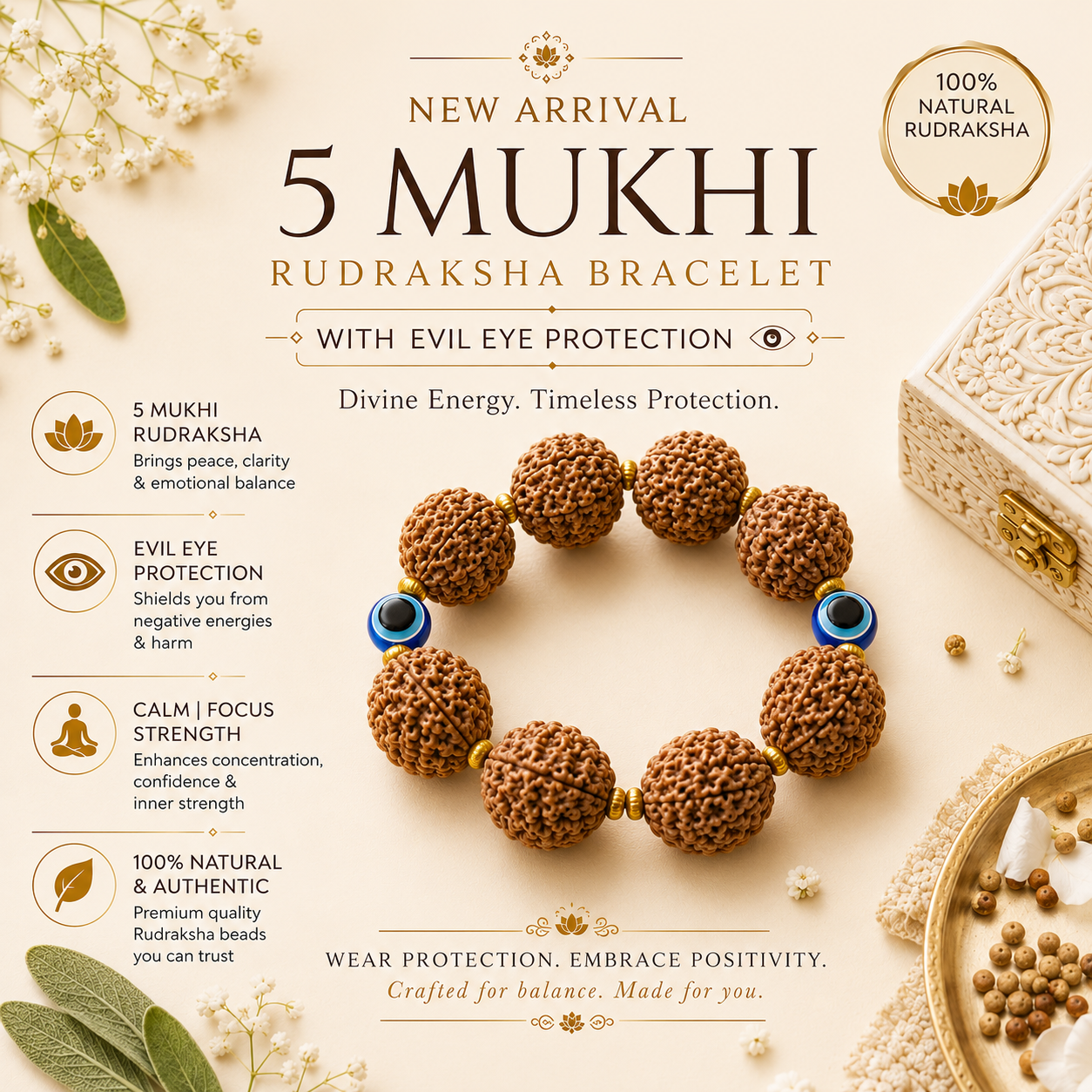 Natural 5 Mukhi Nepali Rudraksha spiritual bracelet for meditation and daily wear 
