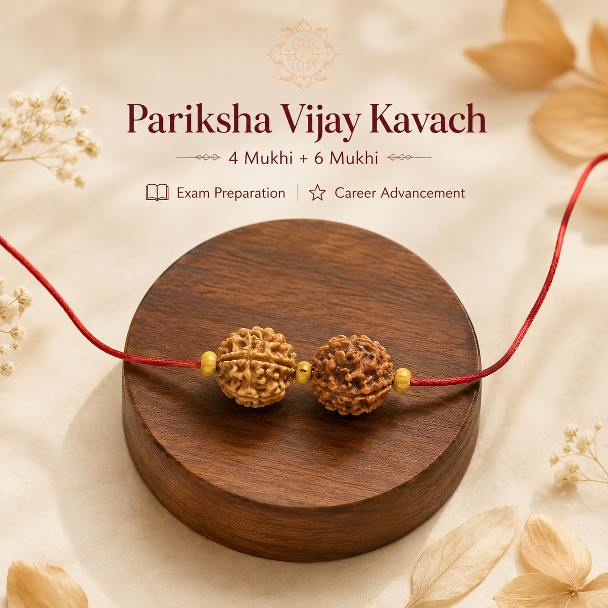 Pariksha Vijay Kavach featuring authentic 4 Mukhi and 6 Mukhi Rudraksha with wooden spacer beads on premium silk thread by Cosmic Urjaa.