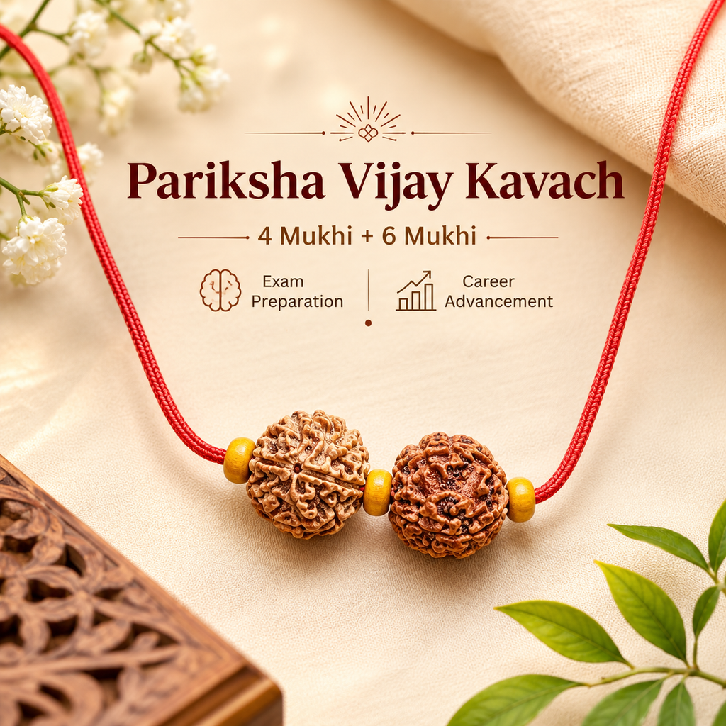Close-up of authentic 4 Mukhi and 6 Mukhi Rudraksha beads with original natural texture and wooden spacers in Pariksha Vijay Kavach.