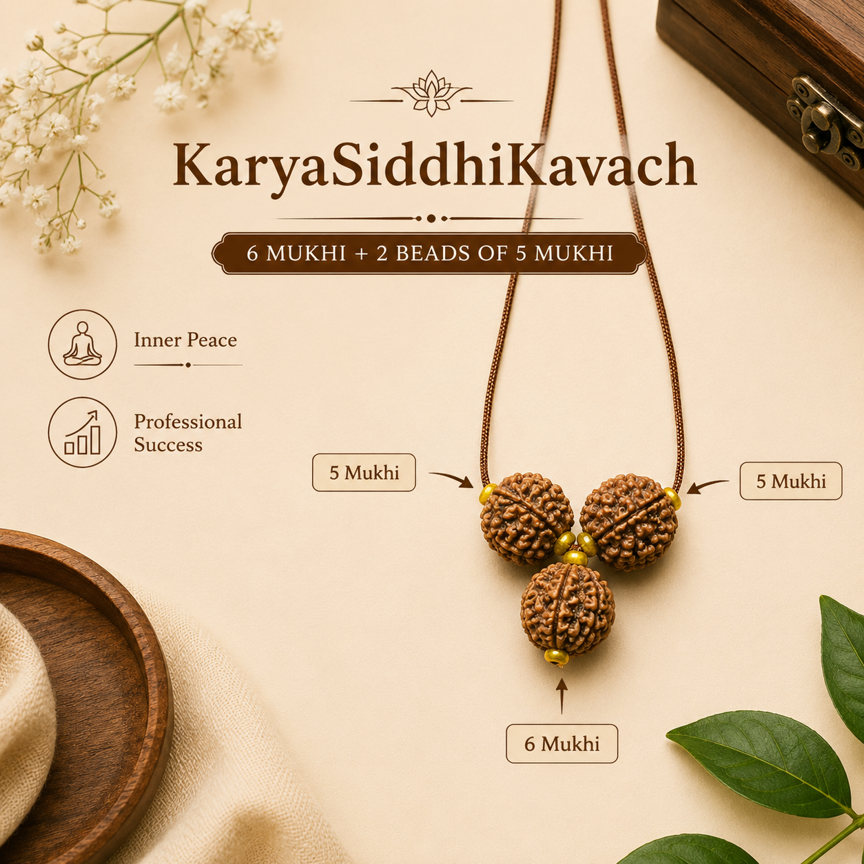 Premium handcrafted Karya Siddhi Kavach Rudraksha pendant for focus, confidence, discipline, and success.