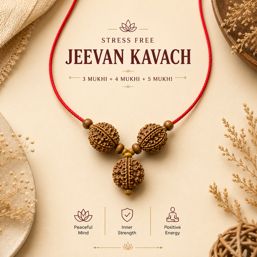 Stress Free Jeevan Kavach | 3 Mukhi + 4 Mukhi + 5 Mukhi Nepali Rudraksha Pendant
