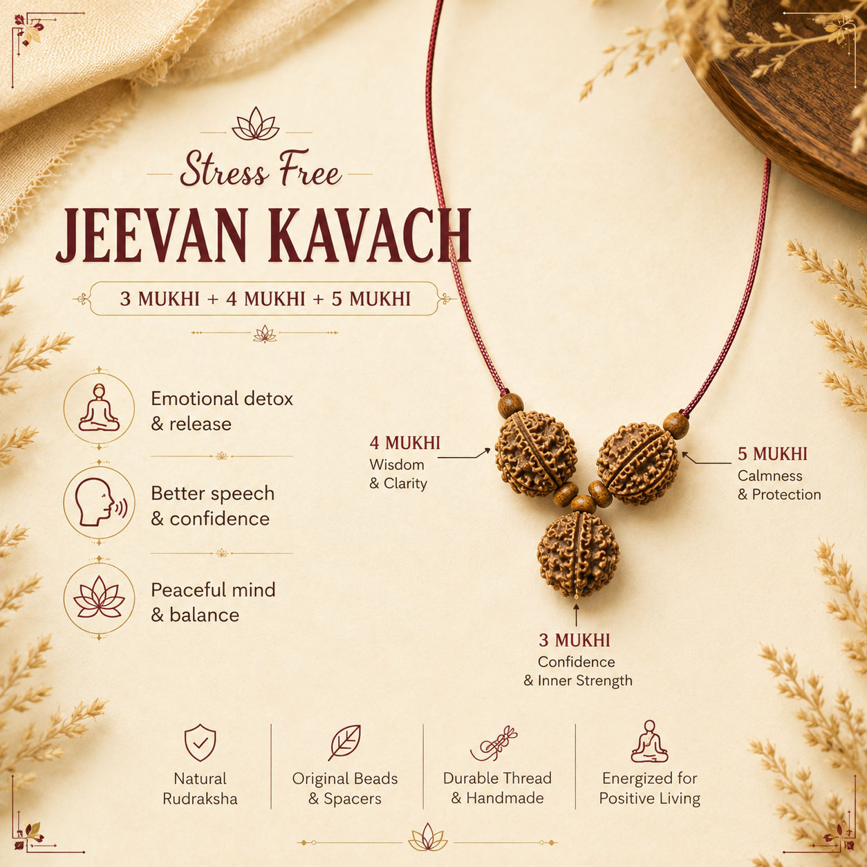 Stress Free Jeevan Kavach | 3 Mukhi + 4 Mukhi + 5 Mukhi Nepali Rudraksha Pendant