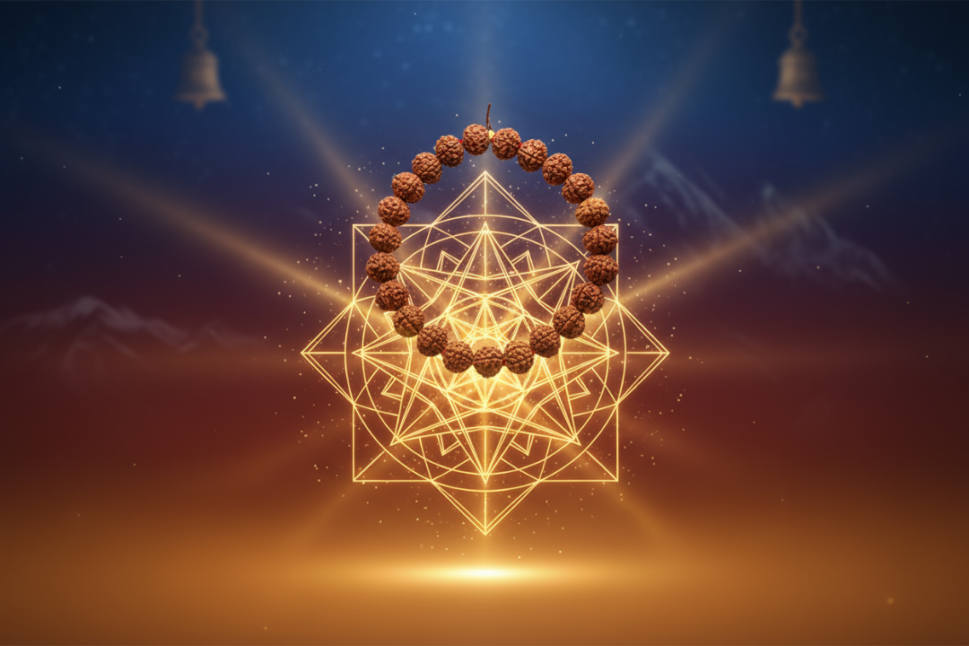 Ultra-detailed cinematic hero image for a modern spiritual e-commerce website selling Rudraksha beads. A glowing Rudraksha mala floats in mid-air over a radiant sacred geometry mandala made of golden light. The background blends rich saffron, deep maroon, and cosmic blue hues symbolizing divine energy. Soft rays of light emerge from behind the mala, with subtle sparkles and aura effects giving it a sacred yet contemporary feel. A faint silhouette of the Himalayas and temple bells in the distance add authent